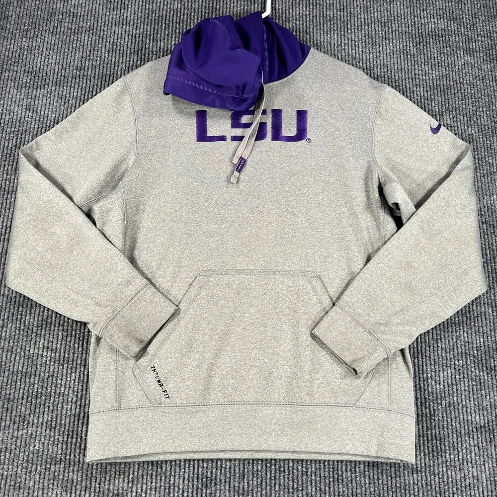LSU Tigers Mens Sweatshirt Small Nike Gray Long Sleeve Therma Fit Hoodie SEC